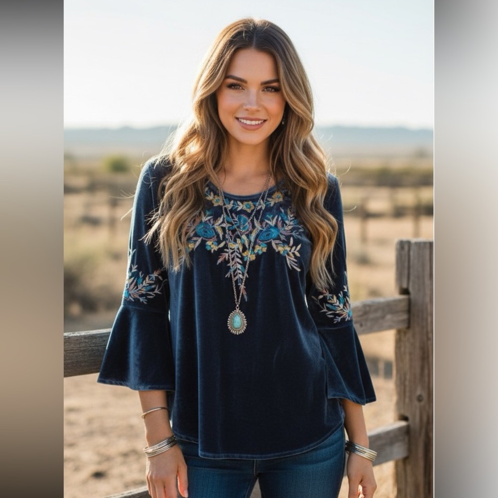 Solitaire Navy Blue Embroidered Bell-Sleeve Blouse